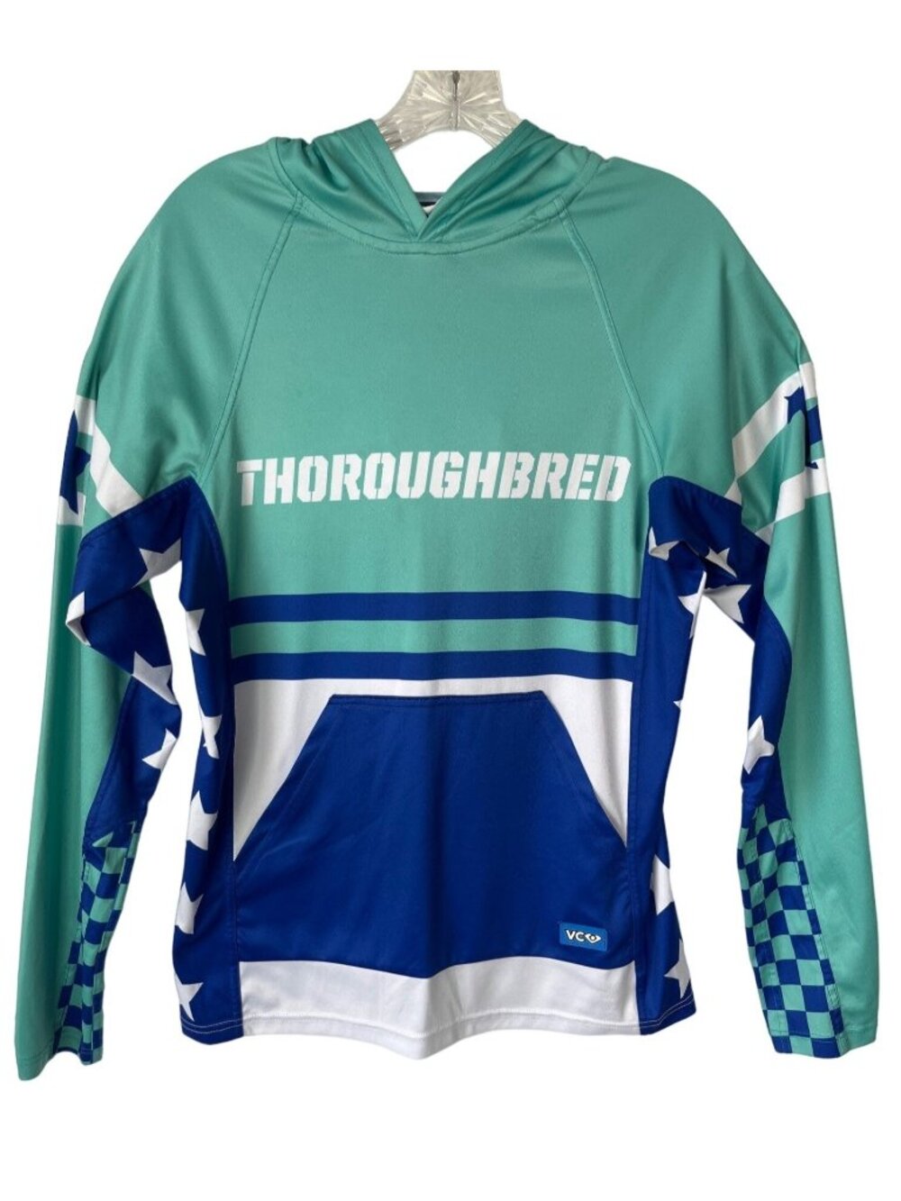 VC Racing Shirt Mens Small Green Blue Hooded Thoughbred Long Sleeves